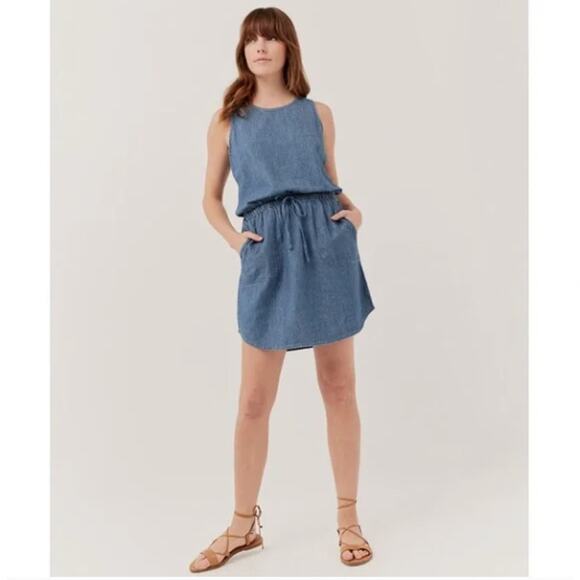 PACT Chambray Sleeveless Drawstring Mini Tank Dress Blue Sz S {3L18} - Picture 1 of 5
